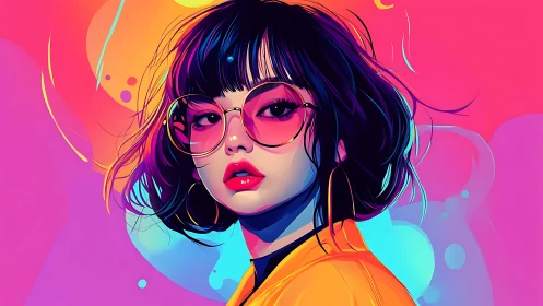 Neon daydream girl in oversized glasses and liquid color haze.
