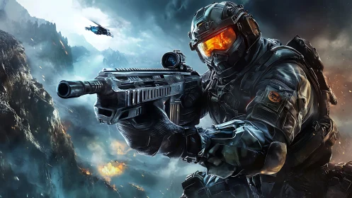 Armored sci fi soldier advancing through explosive canyon.