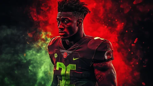 Intense gridiron portrait amid red and green smoke clouds.