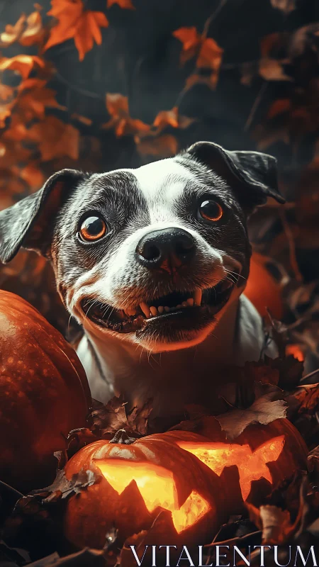 High-contrast Halloween portrait of dog amid carved pumpkins.