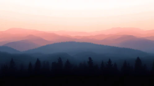 Blushing mountain veils drift above a shadowed pine hush.