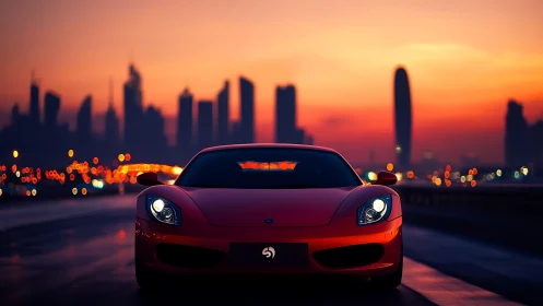 Photorealistic red supercar at dusk against city skyline.