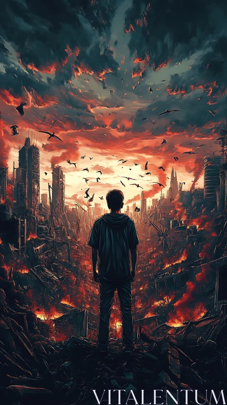 Silhouetted figure stands over burning ruined cityscape at dusk