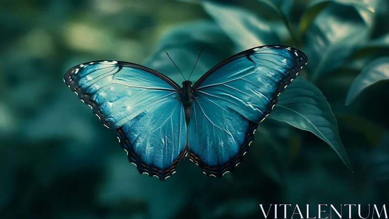 Blue butterfly rests with wings fully extended on foliage