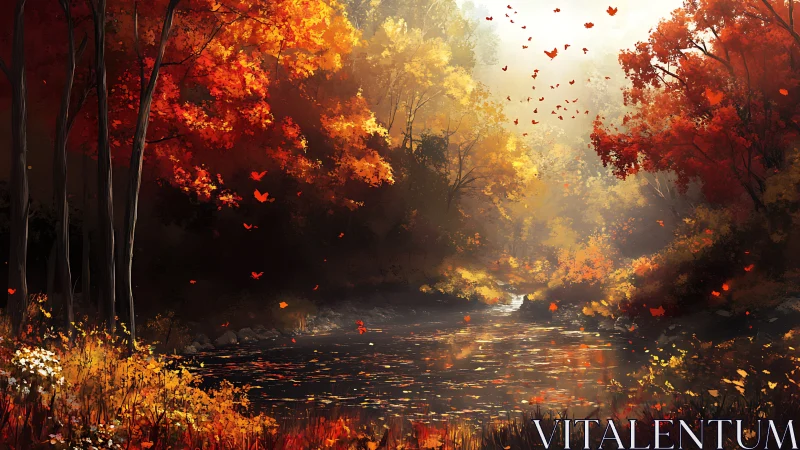 Luminous Autumn Forest Stream with Volumetric Atmospheric Effects