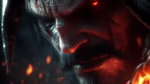 Demonic warrior glares in molten red light and drifting embers.