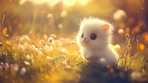 Fluffy white creature in warm glowing meadow light.