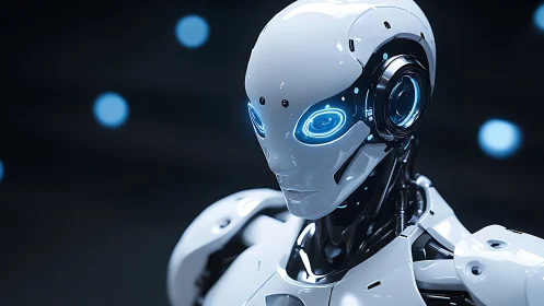 Humanoid robot with glowing blue optics studies the viewer.