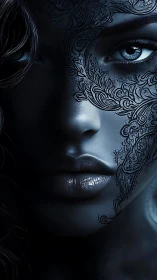 Blue toned female portrait with ornate facial tattoo pattern.