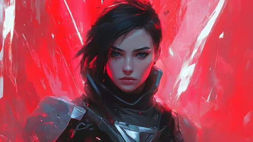 Fierce sci fi heroine standing strong in vivid red light.