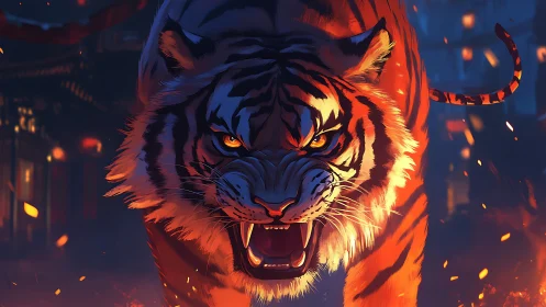 Firelit tiger charge under glowing night embers.