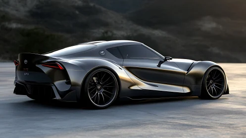 Sleek metallic sports coupe under sunset track lighting.