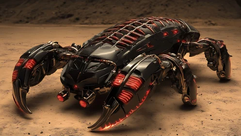 Biomechanical scorpion rover glows on a barren alien desert.