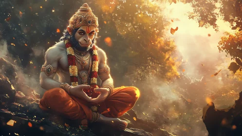 Serene monkey sage resting in golden forest light.