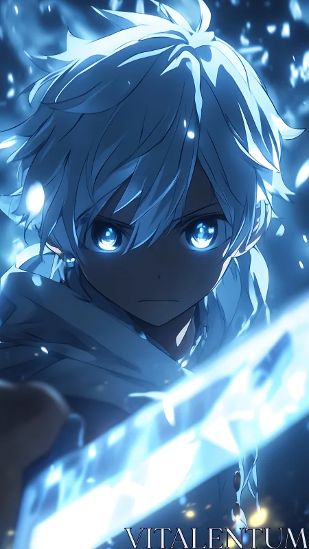 Luminous-eyed swordsman in blue spectral illumination stance.
