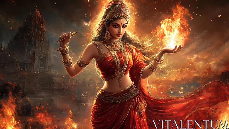 Fire goddess in blazing temple ruin, red silk flowing flame.