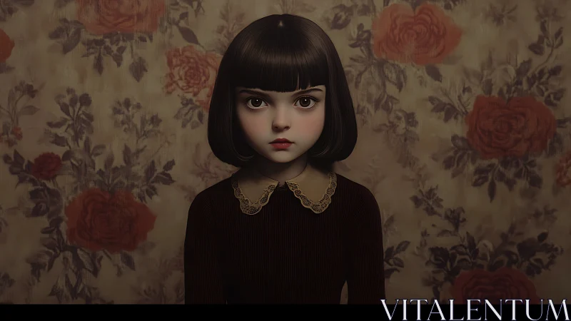 Brooding child portrait against faded floral wallpaper backdrop.