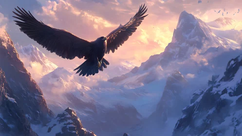 Majestic eagle soaring above snowy mountains at sunrise, digital art.