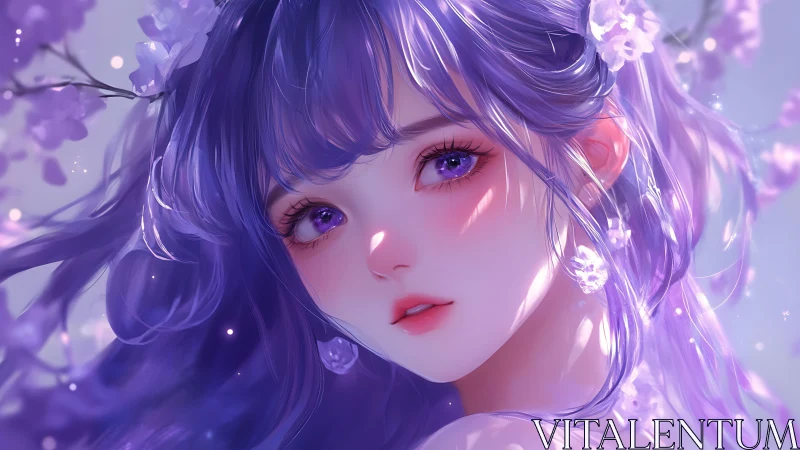 Iridescent anime portrait renders violet-haired girl in bloom