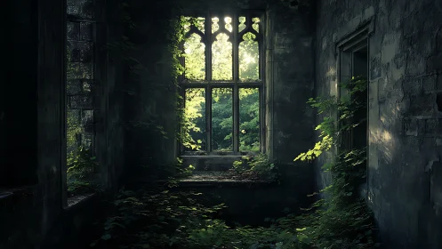 Overgrown stone room with tall gothic window and vines.