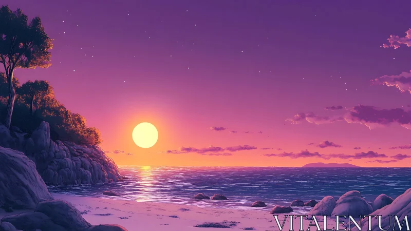 Vibrant digital seascape with sunset over rocky beach.