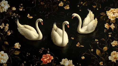 Three white swans occupy a dark ornamental floral water surface