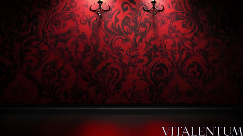 Ornate red damask wall with twin sconces and moody floor glow