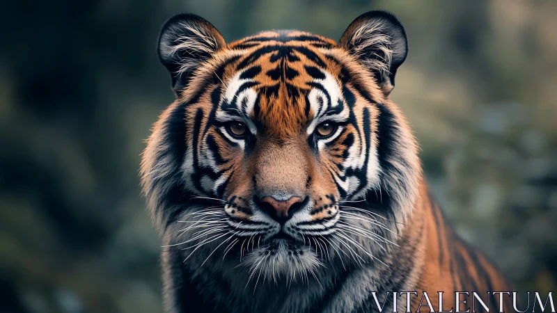 Tiger portrait captures intense gaze in soft forest light.