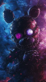 Broken neon animatronic bear drifts in cosmic twilight storm.