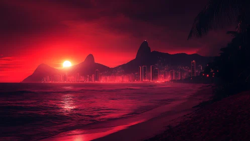 Red coastal city skyline at sunset with mountain backdrop.