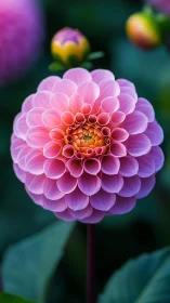 Pink Dahlia in Full Bloom Against Blurred Green.