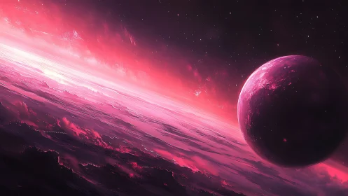 Crimson exoplanet orbits glowing nebular horizon in silence.