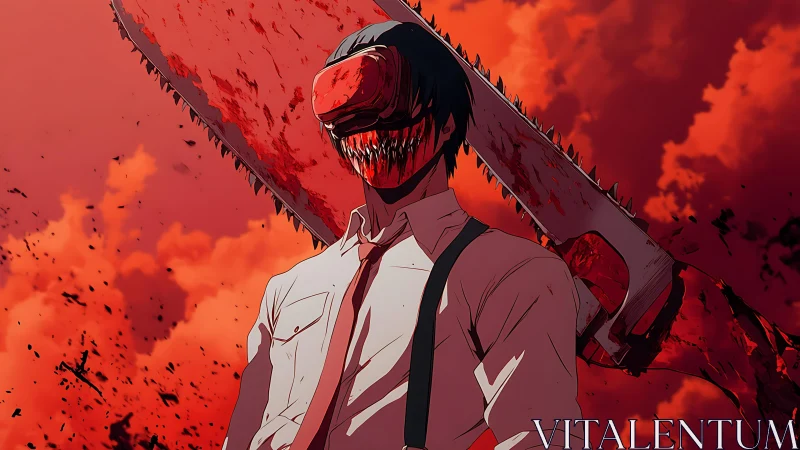 Chainsaw-headed character stands in blood-red sky scene
