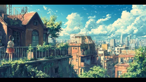 Warm rooftop morning overlooks a peaceful sunlit cityscape