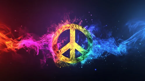 Radiant rainbow peace symbol glowing in swirling cosmic light.