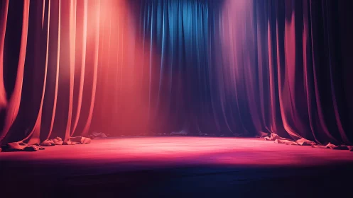 Velvet stage hush under neon twilight curtains poised.