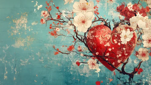 Heart-Shaped Tree with Cherry Blossoms on Turquoise Background