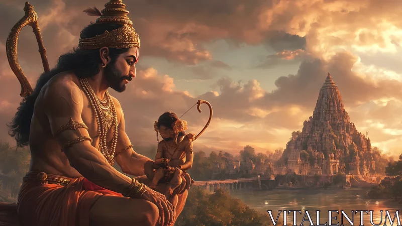 Sunlit divine guardians beside river temple at dusk.