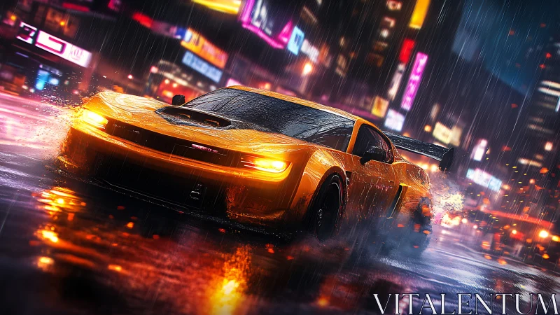 Neon-lit muscle car drifting through rainy cyberpunk city street