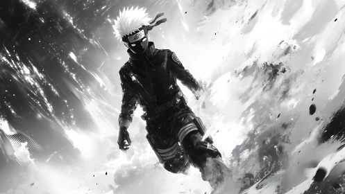 High contrast anime warrior advances through dynamic energy field