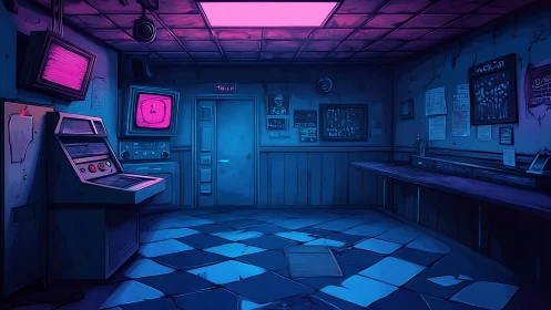 Abandoned neon control room with retro monitors at night.