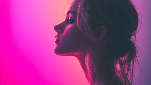 Neon halo silhouette of a serene girl adrift in magenta glow.