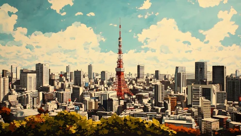 Digital painting skyline with central broadcast tower composition.