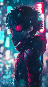 Masked figure with red goggles in neon urban environment.