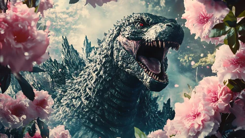 Roaring reptilian kaiju framed by contrasting pink flowers.