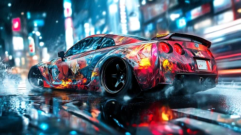 Widebody tuner coupe in neon-lit rainy street, flame wrap