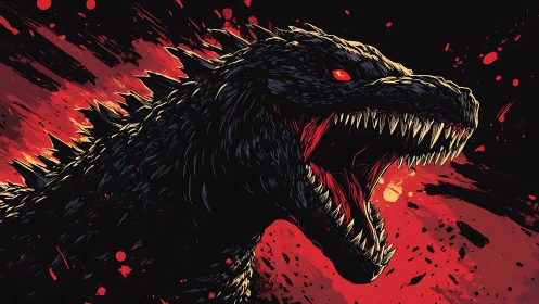 Kaiju profile illustration with red backlight and dynamic gore splatter.