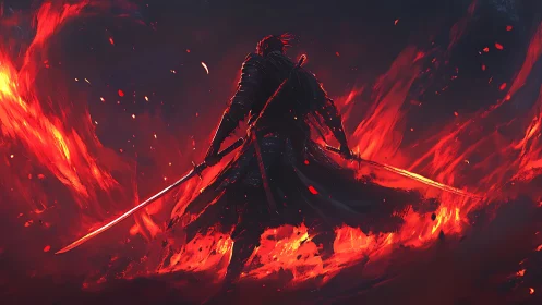 Armored swordsman silhouette within surrounding red flames.
