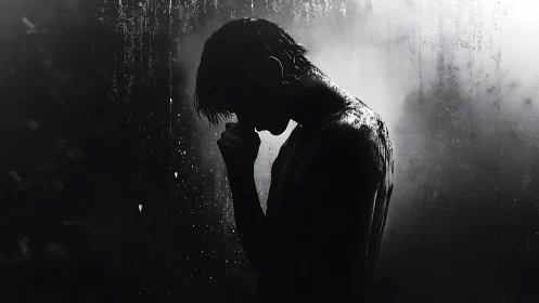 Silhouette of wet man standing alone under falling water.