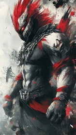 Armored warrior with red plume and abstract paint splashes.